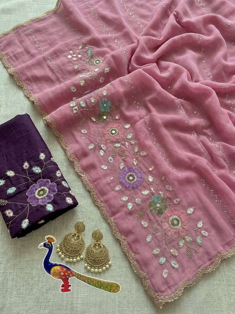 purple colour Pure and Soft Star Georgette Saree With Floral Embroidery Work on saree wholesale in surat